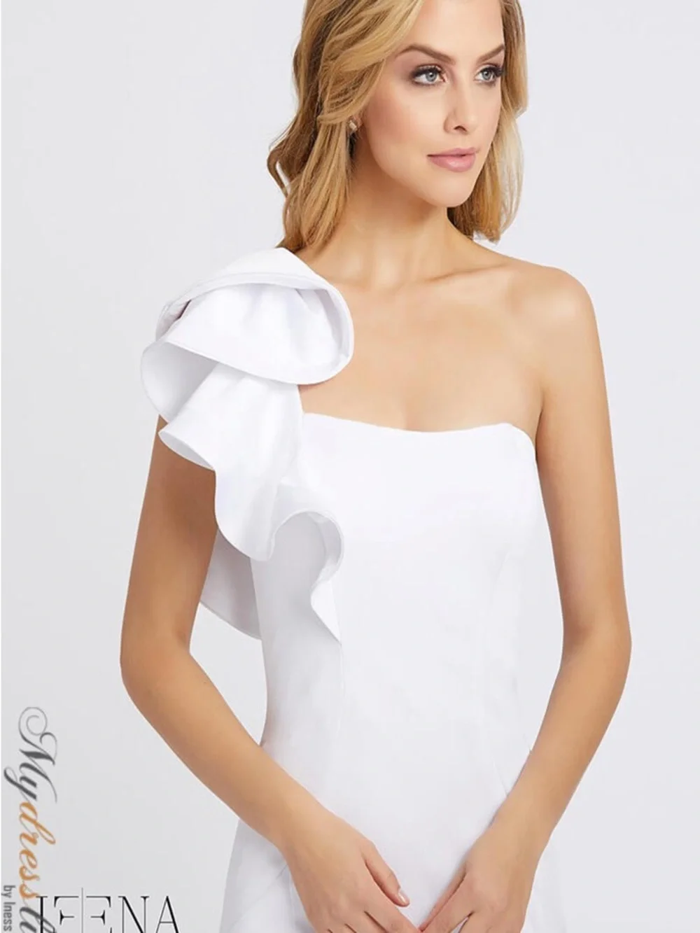 Mac Duggal Ieena One-Shoulder White Mermaid Gown with Sculpted Ruffle - Picture 3 of 5
